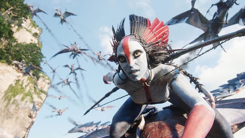 Personagem Na’vi com pintura vermelha no rosto em Avatar: Fogo e Cinzas