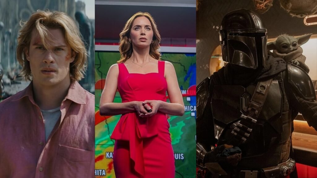 Montagem com cenas dos filmes Dia D, Mestres do Universo e Star Wars: O Mandaloriano e Grogu