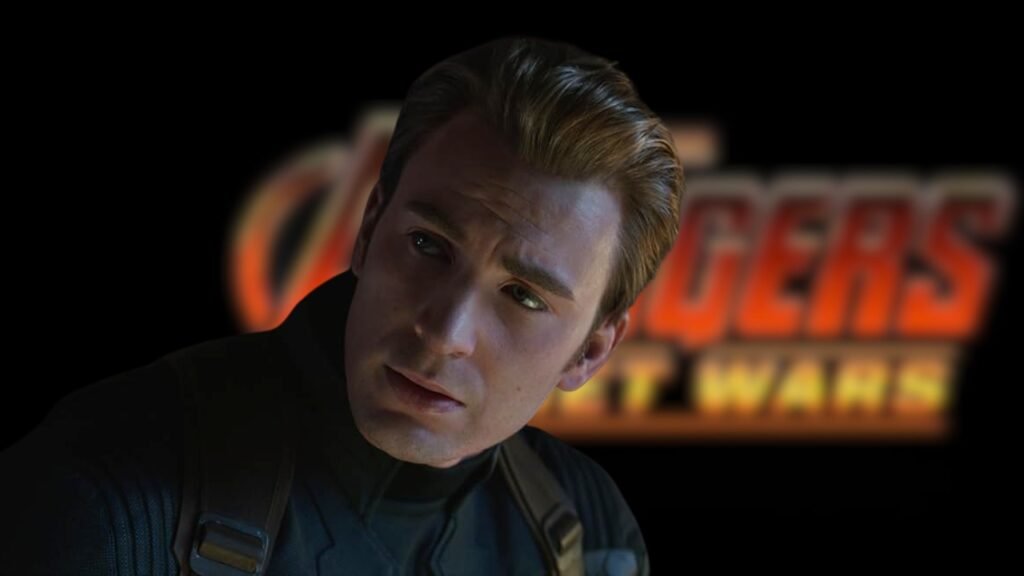 Chris Evans como Steve Rogers com logo de Vingadores: Guerras Secretas ao fundo