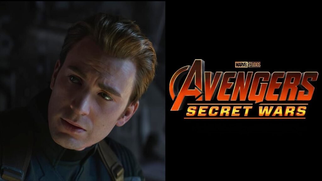 Chris Evans como Steve Rogers ao lado do logo de Vingadores: Guerras Secretas