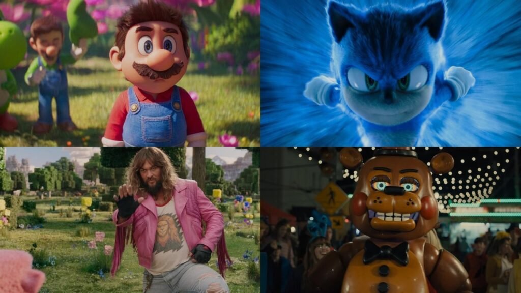 Montagem com Mario, Sonic, Minecraft e Five Nights at Freddy’s em artigo sobre filmes baseados em games