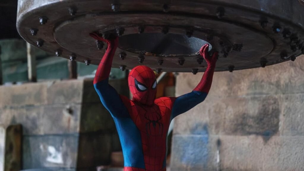 Homem-Aranha segura uma grande estrutura metálica acima da cabeça em cena de Homem-Aranha: Um Novo Dia
