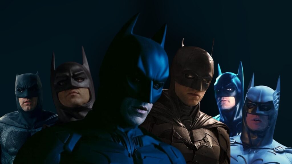 Montagem com Ben Affleck, Michael Keaton, Christian Bale, Robert Pattinson, Val Kilmer e George Clooney como Batman