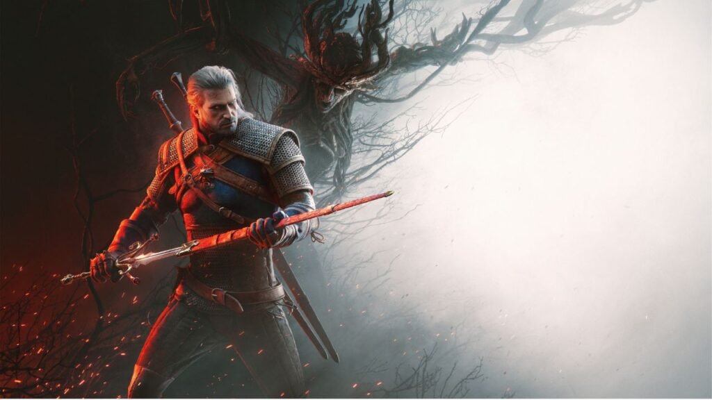 Geralt de Rívia com uma espada em The Witcher 3: Wild Hunt