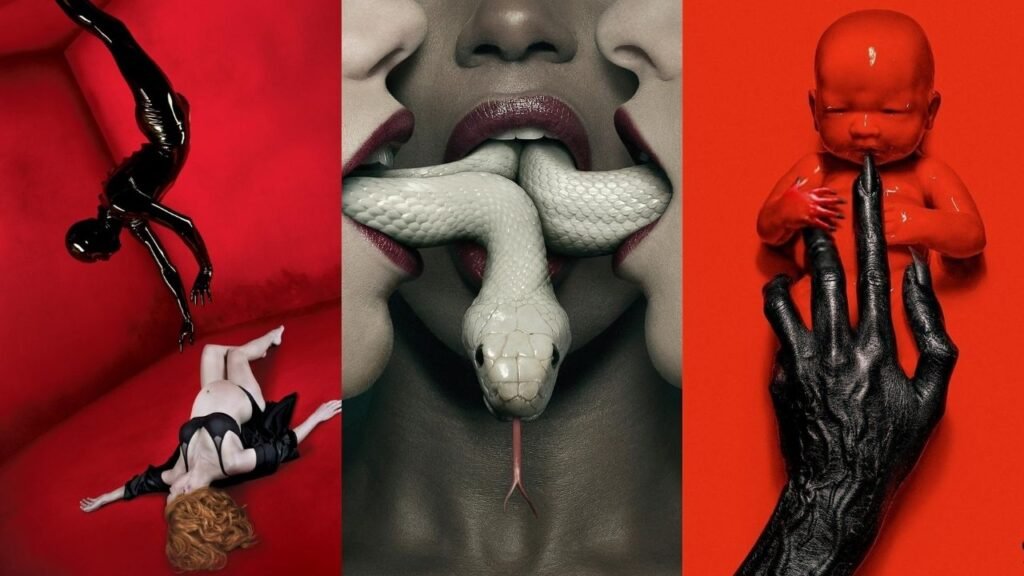American Horror Story: 13 episódios para assistir antes da 13ª temporada 1 Pôsteres de Murder House, Coven e Apocalypse, de American Horror Story