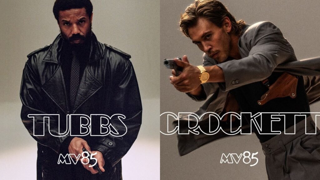 Michael B. Jordan e Austin Butler caracterizados como os protagonistas de Miami Vice ’85 em montagem com as primeiras imagens oficiais do filme.